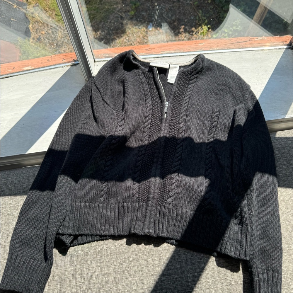 Liz‎ Claiborne Black Cable Knit Sweater Zip Up Small Petite